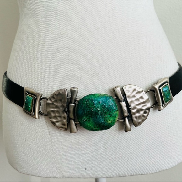 Green and Silver Chico’s Artsy Adjustable black Genuine Leather Belt SM